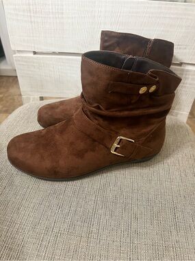Adeline Comfort View Brown Suede Ankle Booties with Buckle & Snap Accents